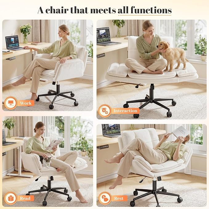 DurayLoly Criss Cross Chair with Flip-Up Arms & Swivel Wheels, Cross Legged Chair with Adjustable Height Comfortable Wide Seat Reclining Computer Office Desk Chairs for Home Office, Make Up, Bed Room