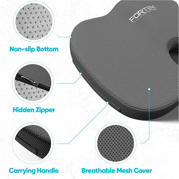 FORTEM Seat Cushion, Office Chair Cushion, Memory Foam Car Seat Cushions, Sciatica Coccyx Tailbone Pain Relief, Chair Cushions for Back Support, Sitting Pad for Gaming, Washable Cover, Non Slip, XL