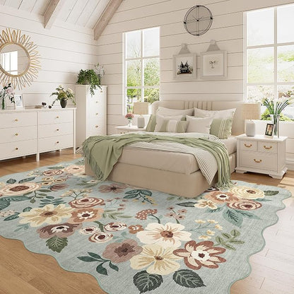 DUKINO 5x7 Area Rug, Floral Washable Rugs for Living Room with Non Slip Backing & Non-Shedding, Lightwight Low Pile Boho Design Large Carpets for Bedroom, Living Room, Dining Room, Sage Green