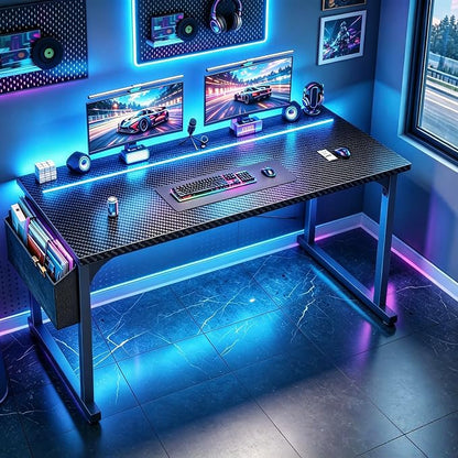 DurayLoly 55” Carbon Fiber Gaming Desk, IP65 RGB LED Computer Desk with Side Storage Bag & Headphone Hook, Sturdy Metal Frame Space Saving Home Office Desk for Teens Bedroom Dorm Study Gaming Room