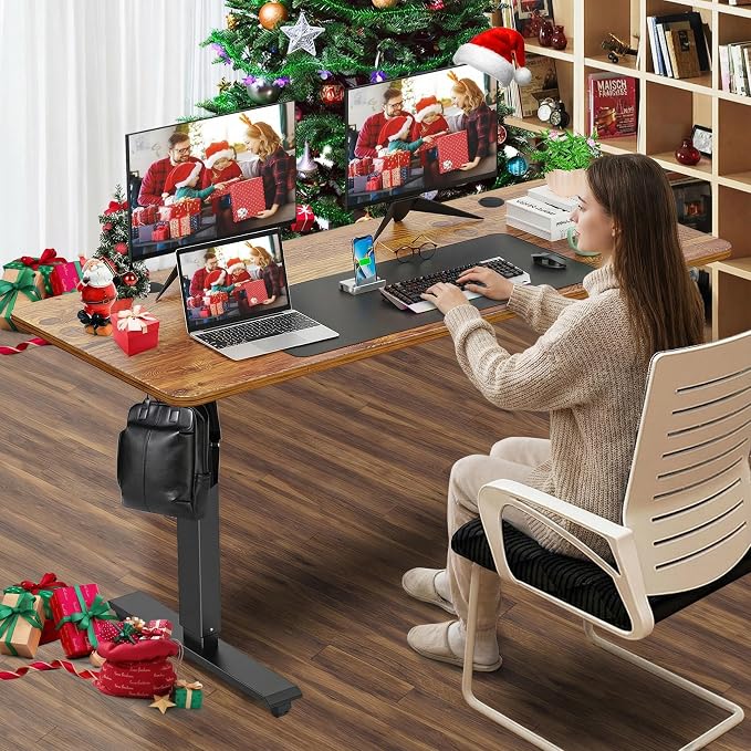 farexon Electric Standing Desk Adjustable Height, 55 x 24 Inch Sit Stand up Desk with Large Mouse Pad, 2 Metal Hook,4 Wheels,4 Memory Preset Heights Home Office Computer Desk（Brown）