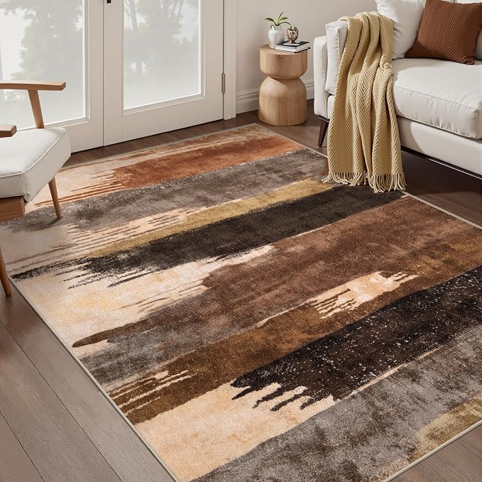 Ciicool Abstract Area Rug Indoor, 4x6 Washable Entryway Rug, Modern Soft Throw Entry Rug with Non-Slip Backing for Bedroom Living Room Entrance Kitchen, Low-Pile Floor Carpet Doormat Brown Black