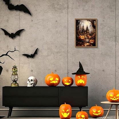 Framed Vintage Halloween Wall Art - Spooky Haunted House Canvas Print, Gothic Halloween Wall Decor, Fall Pumpkin Picture Painting for Living Room Bedroom Home, 12x16in Wood Frame