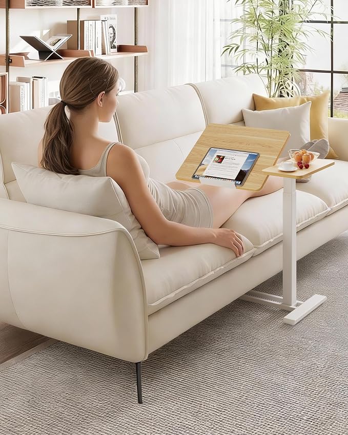 SANODESK Small Rolling Overbed Table Adjustable Height with Wheels, Mobile Laptop Desk with Tilting Desktop, Portable Computer Workstation for Home Office, Classroom, Bedside, Maple