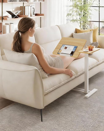 SANODESK Small Rolling Overbed Table Adjustable Height with Wheels, Mobile Laptop Desk with Tilting Desktop, Portable Computer Workstation for Home Office, Classroom, Bedside, Maple
