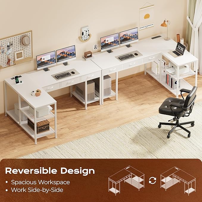 PRAISUN 55 Inch L Shaped Office Desk with Power Outlets and Type-C Port, Large Computer Gaming Desk with 3 Fabric Drawers, Mesh Shelves, Corner Study Work Writing Desk, White