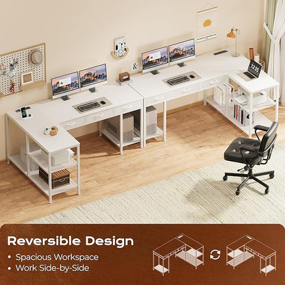 PRAISUN 55 Inch L Shaped Office Desk with Power Outlets and Type-C Port, Large Computer Gaming Desk with 3 Fabric Drawers, Mesh Shelves, Corner Study Work Writing Desk, White
