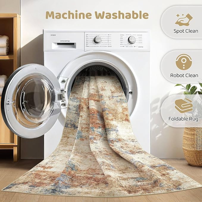 6x9 Area Rugs Washable Rug: Large Abstract Modern Soft Stain Resistant Indoor Floor Non-Slip Accent Carpet for Living Room Bedroom Nursery Playroom Dining Room Office Dorm Home House- Blue Orange