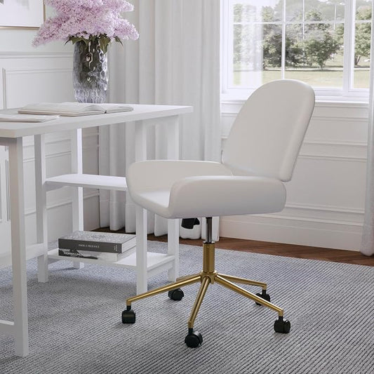 Martha Stewart Tyla Armless Swivel Task Chair for Home Office in White Faux Leather with Polished Brass Frame