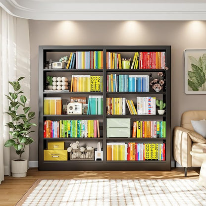 5-Tier Bookcase with Adjustable Storage Shelves, Metal Bookshelf with Book Stopper, Bookcase Shelf for Library, Office, Living Room (Black-2)