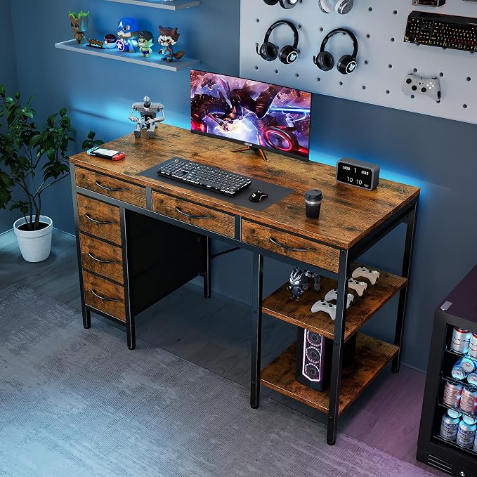 OLIXIS Computer desk with 6 Drawers, 47 inch Office workstation with Storage Shelves, Reversible Gaming setup, Corner table with Storage Drawers, Work for Home Office, Study, Living Room, Rustic Brown