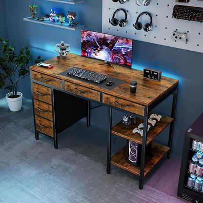 OLIXIS Computer desk with 6 Drawers, 47 inch Office workstation with Storage Shelves, Reversible Gaming setup, Corner table with Storage Drawers, Work for Home Office, Study, Living Room, Rustic Brown