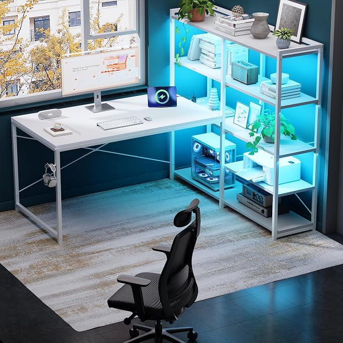 Pamray L Shaped Computer Desk with Reversible Side Storage Shelves, 49 Inch Gaming Desk with Power Outlets and Led Lights, PC Table for Home Office and Bedroom White