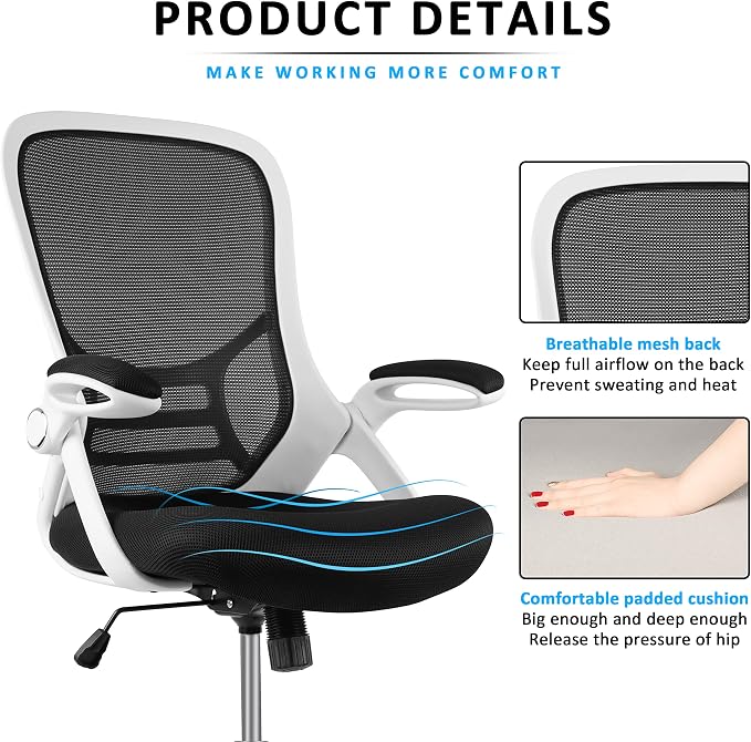 HYLONE Drafting Chair, Tall Office Chair Mesh Standing Desk Stool with Adjustable Foot Ring, Flip-Up Arms, White & Black