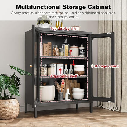 Small Display Cabinet with Glass Doors, 12" Deep Small Curio Showcase with Two Glass Doors, 23.6" Wide Metal Floor Storage Cabinet for Collectibles Books China for Entryway, Home Office, Living Room