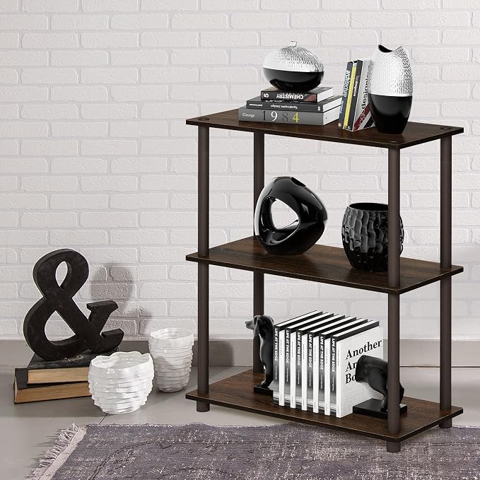 Furinno TURN-N-TUBE Storage Shelves, 3-Tier Book Shelf, Corner Shelf, Toolless Open Shelves, for Organization and Storage, Living Room, Garage, Home Office, Walnut