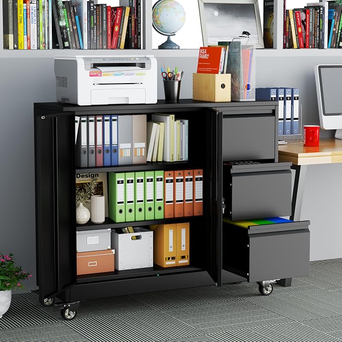 winiowa Mobile 3-Drawer File Cabinet with Wheel, Metal Lateral Rolling Printer Stand Filing Cabinets with Lock, Office Storage Cabinet for Office, Home, Garage, School, Gym-Black