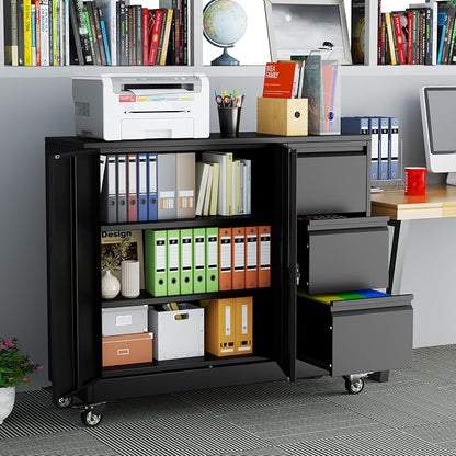 winiowa Mobile 3-Drawer File Cabinet with Wheel, Metal Lateral Rolling Printer Stand Filing Cabinets with Lock, Office Storage Cabinet for Office, Home, Garage, School, Gym-Black