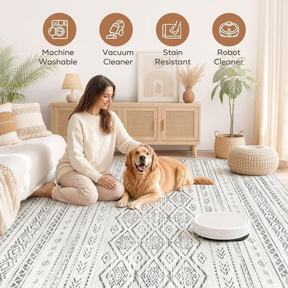 Nakagishi Area Rug Living Room Rugs: 6x9 Large Soft Machine Washable Boho Moroccan FarmNeutral Stain Resistant Indoor Floor Carpet for Bedroom Under Dining Table Home Office Decor-Grey