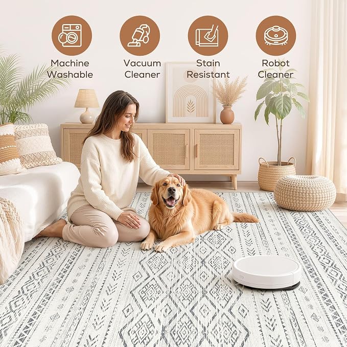 Nakagishi Area Rug Living Room Rugs: 9x12 Large Soft Machine Washable Boho Moroccan FarmNeutral Stain Resistant Indoor Floor Carpet for Bedroom Under Dining Table Home Office Decor-Grey