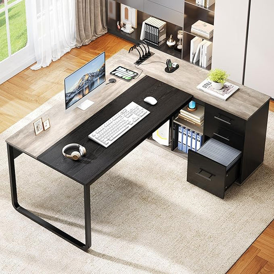 DWVO 71" Executive Desk with Power Outlets, L Shaped Executive Desk with File Cabinet, Computer Desk with Drawers & Storage Shelves, Corner Office Desk with Bookshelf for Home Office, Grey + Black