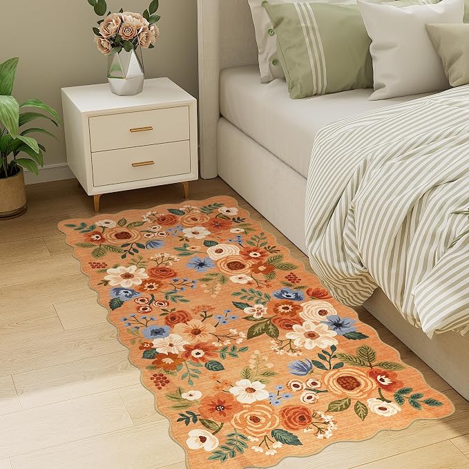 DUKINO 2x4 Washable Runner Rugs, Non Slip Floral Print Entryway Rug with Soft Low Pile, Lightweight Mat for Living Room, Bathroom, Bedroom, Kitchen, Orange