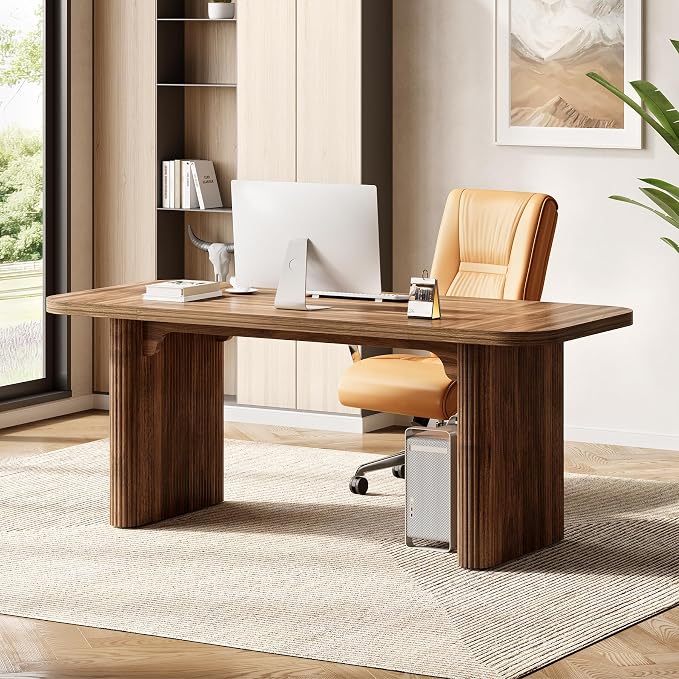 LITTLE TREE 62-Inch Computer Desk, Large Simple Writing Desk with Fluted Doube Pedestal, Modern Home Office Desk, Wooden 5 Ft Small Conference Meeting Seminar Table, Dark Walnut