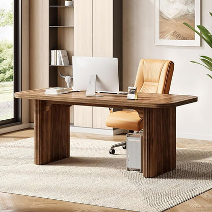LITTLE TREE 62-Inch Computer Desk, Large Simple Writing Desk with Fluted Doube Pedestal, Modern Home Office Desk, Wooden 5 Ft Small Conference Meeting Seminar Table, Dark Walnut