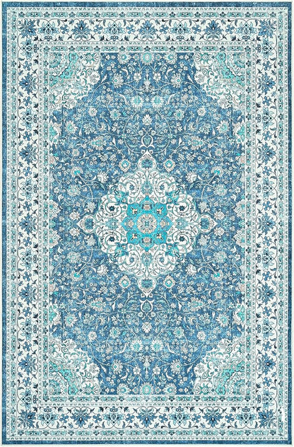Goideal Washable Rug 8x10, Vintage Area Rugs Non Slip, Indoor Low Pile Carpet with Rubber Backing for Living Room Kitchen Bathroom Entryway Office Bedroom,Blue & Teal