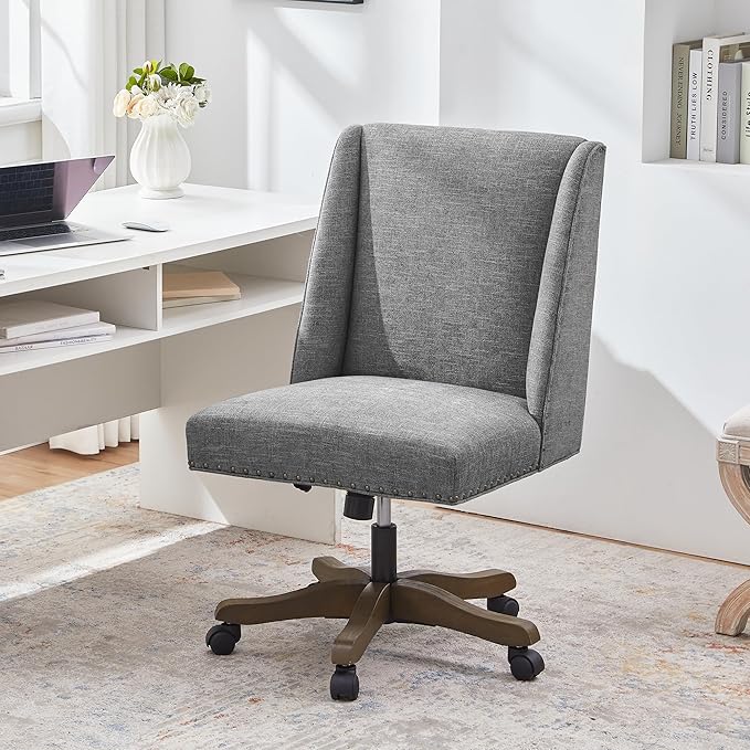 Zihanhome Upholstered Armless Home Office Chair with Wooden Legs, Modern Office Desk Chair No Arms Sewing Chair Adjustable Swivel Desk Chair for Farmhouse Office Study Studio (Dark Gray)