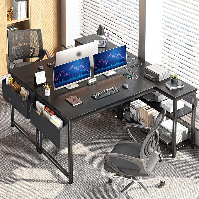 EnHomee Office Desk with Outlet,Power Home Office & Study Electronic Gear | Reliable Power Supply for Study & Electronic Device,Reversible Shelves & Side Bag,Convenience for Small Space, Black