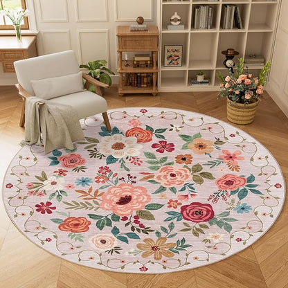 DUKINO Floral Round Rug, 6ft Washable Circle Rug, Non Slip Indoor Low Pile Circle Rug, Soft Small Boho Design Carpet for Bedroom, Entryway, Living Room, Dining Room, Beige