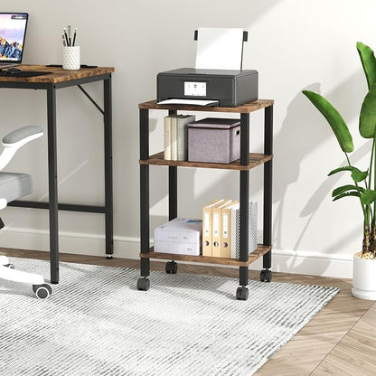 3-Tier Printer Stand with Storage, Mobile Printer Cart with Rolling Casters & Adjustable Feet, Under Desk Storage Shelf for Home Office, Small Printers,Rustic Brown, 15.7" x 11.8" x 25.9"