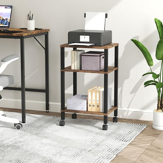 3-Tier Printer Stand with Storage, Mobile Printer Cart with Rolling Casters & Adjustable Feet, Under Desk Storage Shelf for Home Office, Small Printers,Rustic Brown, 15.7" x 11.8" x 25.9"