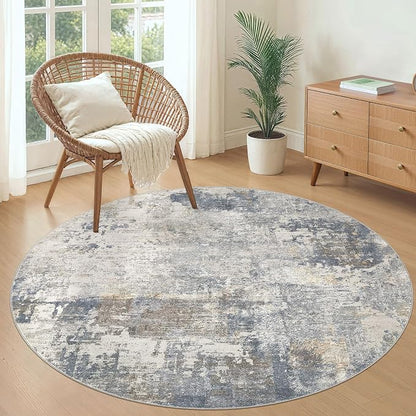 UERMEI 5ft Round Area Rug Living Room Rugs - 5x5 Washable Neutral Modern Abstract Soft Thin Rug Indoor Floor No Slip Rug Carpet for Bedroom Under Dining Table Home Office Decor - Blue Grey