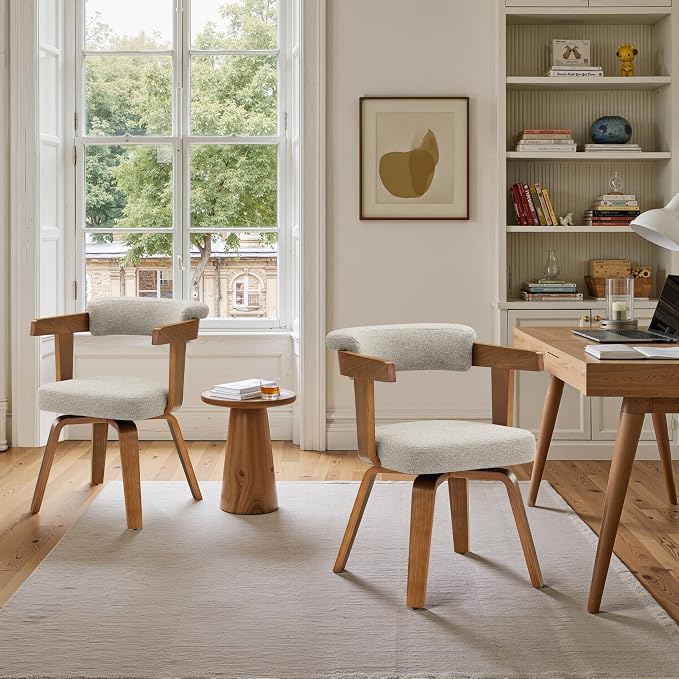 Art Leon Office Chair No Wheels - Mid Century Modern Desk Chair, Fabric Upholstered Accent Arm Chair with Wood Legs for Small Spaces Home Office Living Room Bedroom Study, Off White/Walnut
