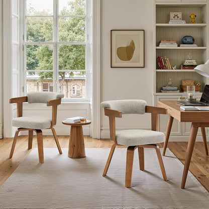 Art Leon Office Chair No Wheels - Mid Century Modern Desk Chair, Fabric Upholstered Accent Arm Chair with Wood Legs for Small Spaces Home Office Living Room Bedroom Study, Off White/Walnut