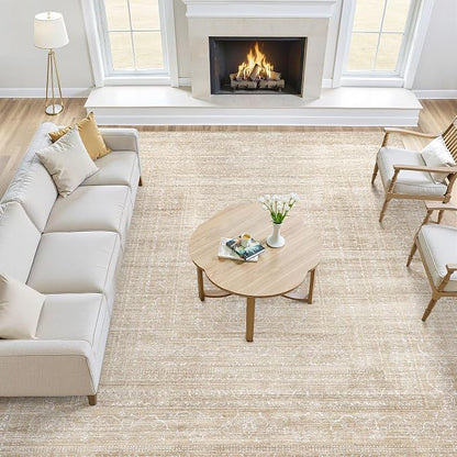 7x9 Area Rug Living Room: Washable Large Neutral Soft Rug Farmhouse Stain Resistant Indoor Non-Slip Floor Carpet for Bedroom Nursery Kids Playroom Office Dining Room Dorm- Beige