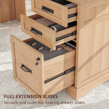 Whalefall 67'' Farmhouse L-Shaped Desk with Drawers for Home Office, Walnut | Computer Corner Desk with File Cabinet and Charging Station, Large Executive L Desk with Locking Drawers Storage