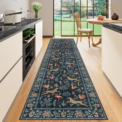 DUKINO Washable 2.6x10 Runner Rug, Non Slip Animal Print Runner Rug for Hallway, Vintage Low Pile & Stain Resistant Soft Indoor Carpet Runner for Kitchen, Bathroom, Laundry, Bedroom, Navy Blue