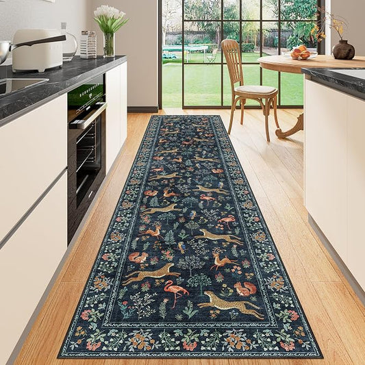 DUKINO Washable 2.6x10 Runner Rug, Non Slip Animal Print Runner Rug for Hallway, Vintage Low Pile & Stain Resistant Soft Indoor Carpet Runner for Kitchen, Bathroom, Laundry, Bedroom, Navy Blue