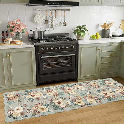 DUKINO 2.6x8 Runner Rug for Hallway, Washable Kitchen Rug with Non Slip Backing & Non-Shediing, Soft Low Pile Floral Design Runner for Bedroom, Kithchen, Living Room, Laundry, Bathroom, Sage Green