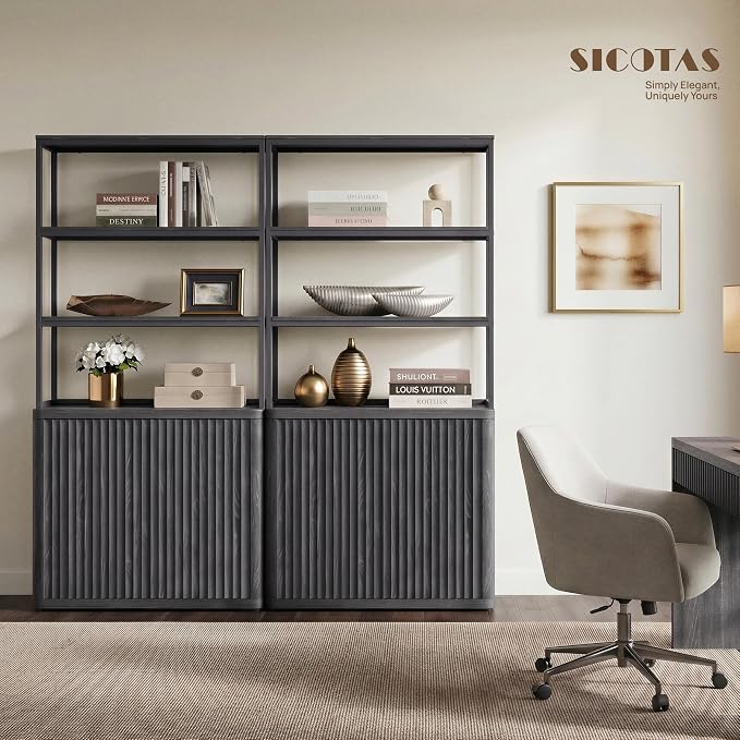 SICOTAS Book Shelf Fluted Bookshelf 71" Tall Bookcase with Doors Storage 5 Tier Mid Century Modern Bookshelves Large Shelves Metal Book Cases for Living Room Office Kitchen Library