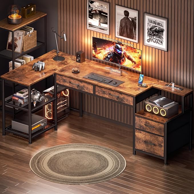 Korfile 65 Inch L Shaped Computer Desk with Power Outlets, Reversible Home Office Desk with 4 Fabric Drawers & 2 Adjustable Mesh Shelves, Corner Study Work Desk with Larger Storage, Rustic Brown