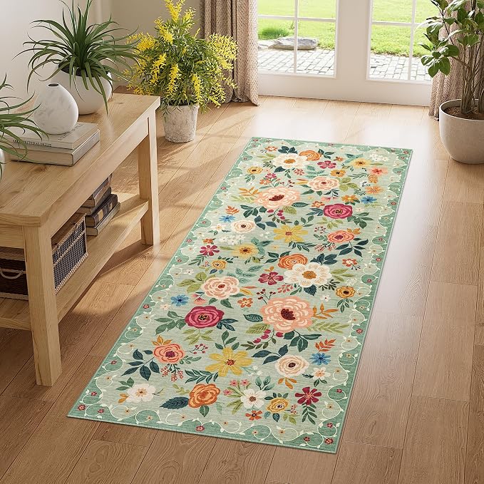 DUKINO 2x5 Runner Rug for Hallway, Washable Kitchen Floral Runner Rug with Non Slip Backing, Low Pile Soft Boho Carpet for Kitchen, Hallway, Entryway, Laundry, Bedroom, Green