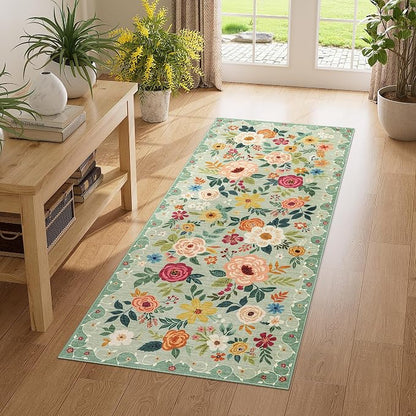 DUKINO 2x5 Runner Rug for Hallway, Washable Kitchen Floral Runner Rug with Non Slip Backing, Low Pile Soft Boho Carpet for Kitchen, Hallway, Entryway, Laundry, Bedroom, Green