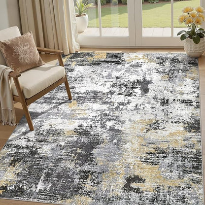 UERMEI 5x7 Area Rug for Living Room - Washable Neutral Modern Abstract Carpet, Non-Slip Soft Large Indoor Floor Rugs for Bedroom Home Office & Under Dining Table Decor, Black/White/Gold