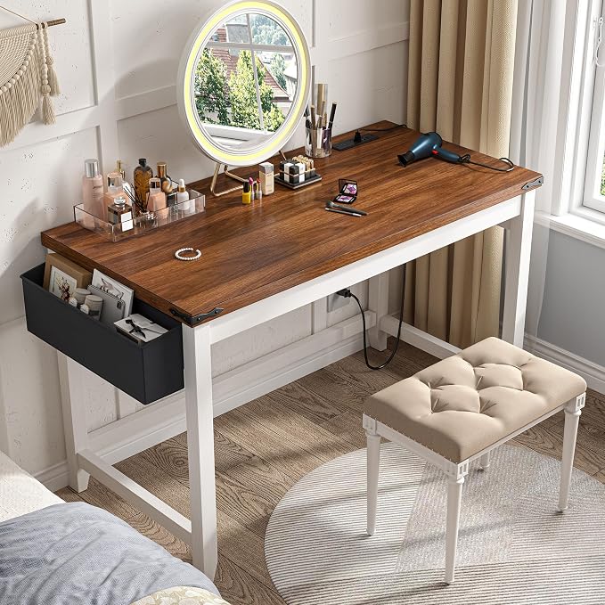 EnHomee 32 Inch Small Writing Desk with Power Outlet and Storage Bag, Student Desk for Bedroom and Dorm Room, Home School Desk for Teens, Brown & White