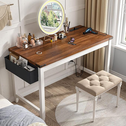 EnHomee 32 Inch Small Writing Desk with Power Outlet and Storage Bag, Student Desk for Bedroom and Dorm Room, Home School Desk for Teens, Brown & White