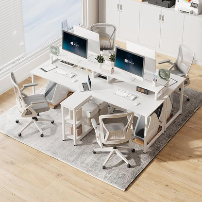 Mexin Double Desk for Two People - 83.7 Inch 2 Person Desk with Storage Shelves and Power Outlets, Home Office Desk with Monitor Stand, Long Gaming Desk, Large Workstation, White